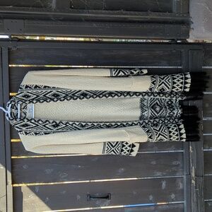 Aztec Pattern Knit Open-Front Fringe Cardigan, Size L
